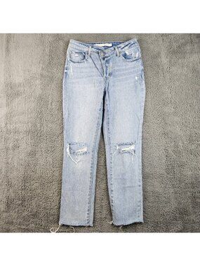 TinselTown Jeans Womens 5 Blue Angled Button Fly High Rise Fray Hem Ripped Knees